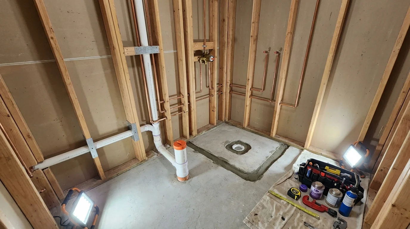 Bathroom rough-in plumbing during remodel by Johns Plumbing LLC in West Mifflin