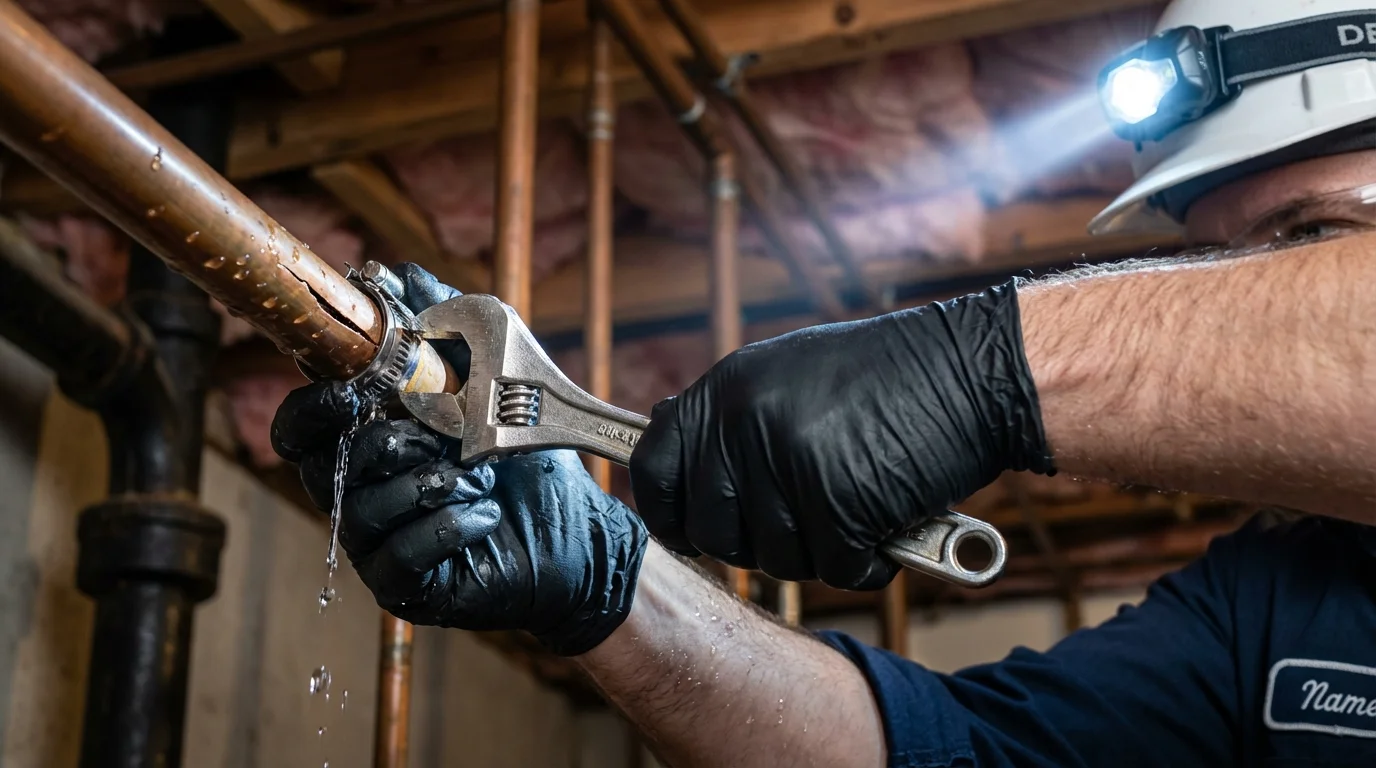 Emergency pipe clamp repair being performed by a Johns Plumbing LLC plumber in West Mifflin