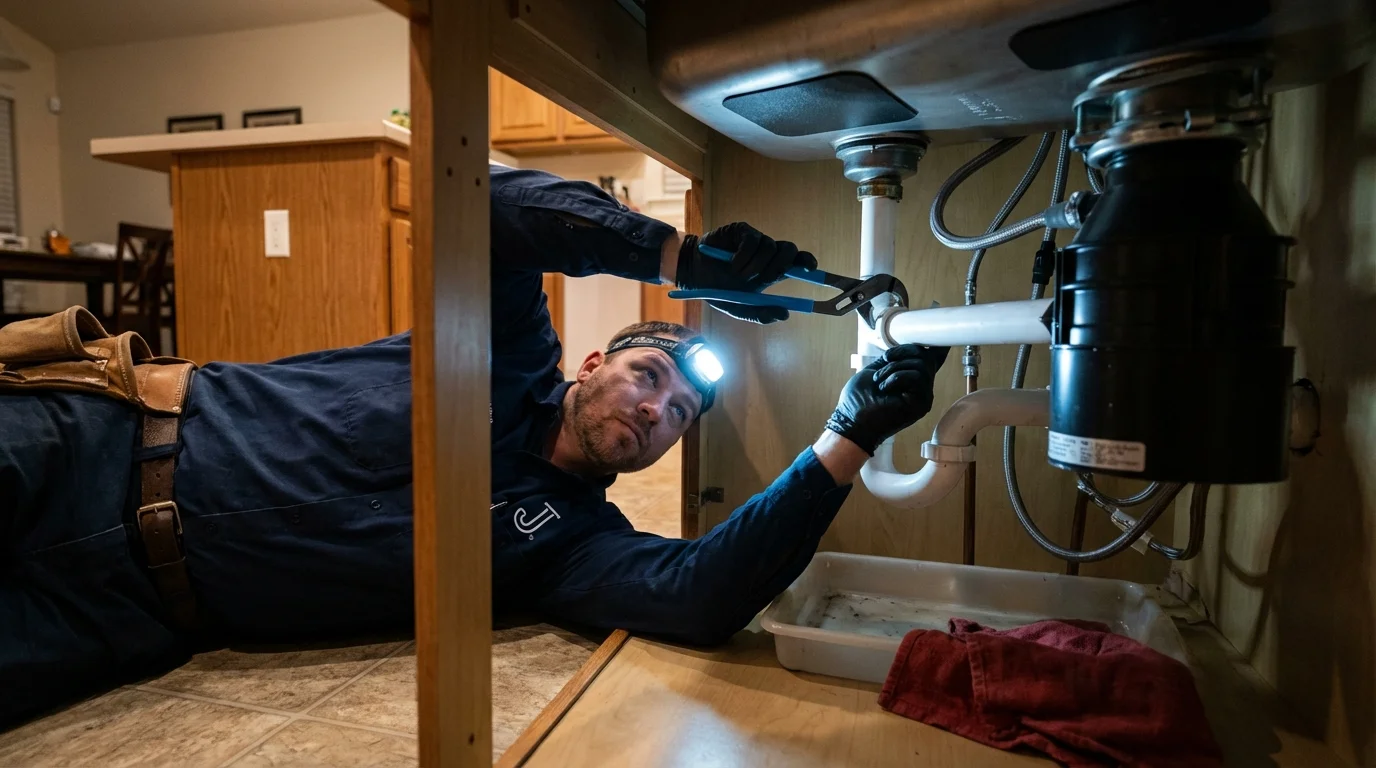 P-trap and supply line connections under a kitchen sink showing a common leak point in West Mifflin, PA